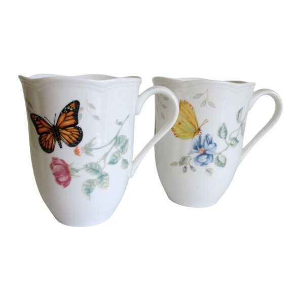 2 Vintage Lenox Butterfly Meadow Coffee Tea Mugs - Dragonfly Butterfly Bee Flowe - Picture 1 of 11